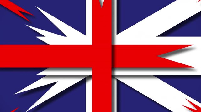 Transition scene change wipe of British Union Flag, (Union Jack)  of Great Britain formed by arrows moving in different directions with a blue filed background fading up and down animation with alpha 