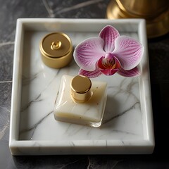 Elegant Orchid and Gold Beauty Products on White Marble Tray
