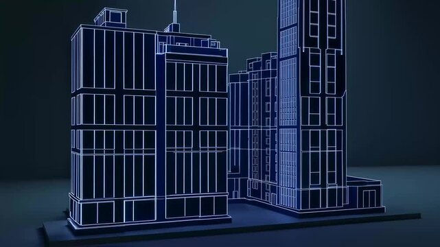 Rotating 3D architectural wireframe model of modern buildings in dark space representing digital urban design and virtual city planning