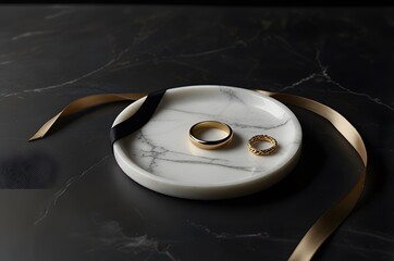 Stylish Gold Rings on White Marble Dish with Dark Background and Ribbon
