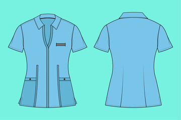 Short sleeve Medical Scrub Uniform Apparel fashion flat sketch CAD mockup front and back views.	