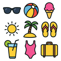 Summer Vacation Icon Collection - Colorful Flat Design Vector Illustrations for Holiday and Beach Themes