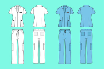 Short sleeve Medical Scrub Uniform Apparel colour way set fashion flat sketch CAD mockup front and back views.	