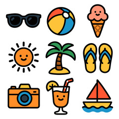 Summer Vacation Icon Collection - Colorful Flat Design Vector Illustrations for Holiday and Beach Themes