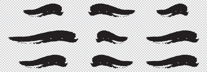 Collection of black brush strokes in different shapes isolated on transparent background Vector illustration EPS 10