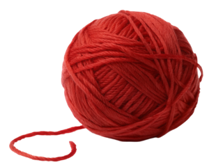 A single red ball of yarn isolated on a white background with a loose end visible on the bottom left