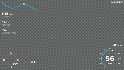 Vector telemetry overlay template with transparent background. Includes speed, altitude, GPS data, and HUD elements. Perfect for action camera, car camera, sport videos, FPV, and digital dashboards.