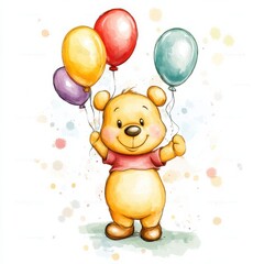 Watercolor Winnie the Pooh baby bear at birthday party nursery wall art
