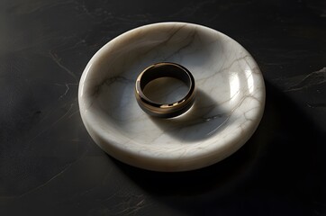 Single Modern Gold Ring on a White Marble Coaster with Dark Background
