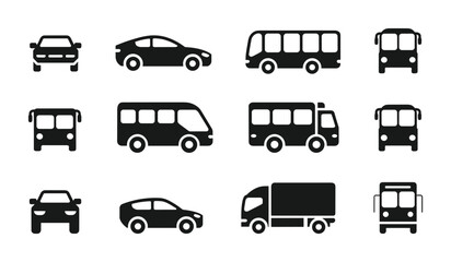 Car Truck  and Bus Vector Icon Set   Black Silhouette Vehicles for Web Mobile App  and Graphic Design Projects. vector