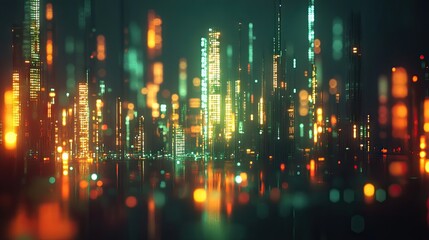 Futuristic city skyline at night with vibrant neon lights.