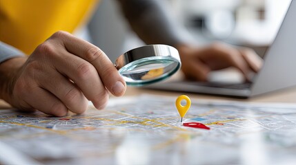 Close-up view of a man's hand examining local shop information with a magnifying glass while using a laptop
