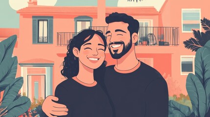 Happy couple with their new house at the background and smiling illustration , no logos, no brands