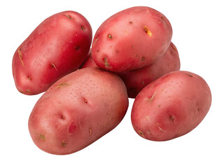 A close up shot showing a pile of several red potatoes stacked against a plain white background space