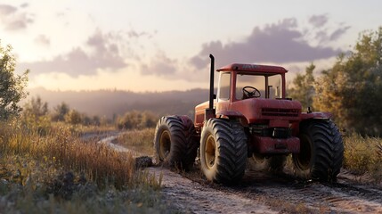 Red tractor on a dirt road with a field and trees in the background at sunset on a cloudy day