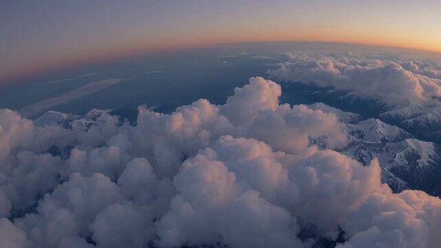 Aerial view from airplane above soft clouds with parts of the Earth visible through gaps creating dreamlike travel atmosphere