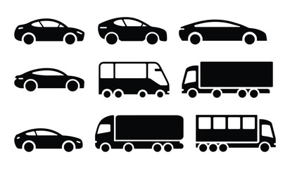 Car Truck  and Bus Vector Icon Set   Black Silhouette Vehicles for Web Mobile App  and Graphic Design Projects. vector