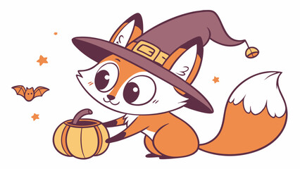 Fototapeta premium Cute Halloween Fox with Witch Hat and Pumpkin Vector