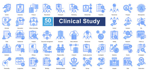 Clinical Study icon set contains 50 icons including longitudinal, testing, blinding, statistical analysis, safety, survey, blind, hospital, data, observation, simple vector blue color style.