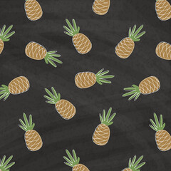 Pattern with hand drawn pineapple fruits on colorful geometrical background style. Illustration for fabric, textile, wrapping paper and other decoration design.