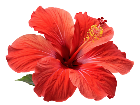 A close up of a vibrant red hibiscus flower with a yellow stamen against a white background image view