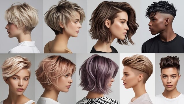Trendy 2026 short haircut collage featuring diverse women with pixie cuts, bobs and layered hairstyles. Modern hair salon mood board for beauty and fashion designs.