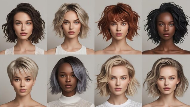 Fashion collage featuring diverse women with trendy short haircuts and modern hairstyles. Perfect for beauty blogs, hair salons, hair trend guides, and fashion editorial content.