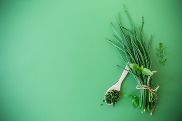 Dried and fresh green onions on green background from above