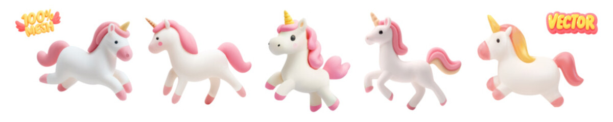 Vector set of realistic isolated cute unicorns on white background.