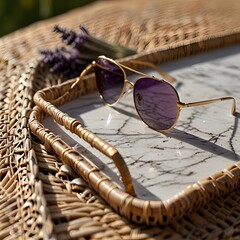 Chic Sunglasses on a Woven Tray with Lavender in Sunlight
