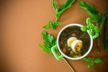Traditional Ukrainian sorrel borscht with egg on brown background