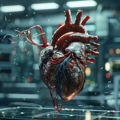 human heart with blood cells, A hyperrealistic human heart floats above a glass table. Fine details of the organ’s valves, veins, and arteries are visible in red and blue.