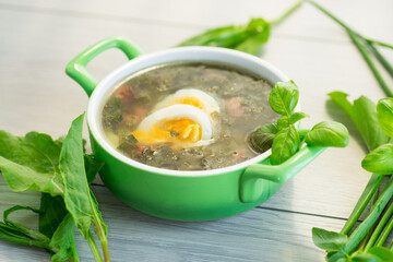 Appetizing spring sorrel borscht isolated on light wooden table