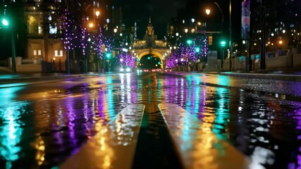 Street at night glistens with reflections after rain, vibrant city lights streak across wet asphalt - Powered by Adobe