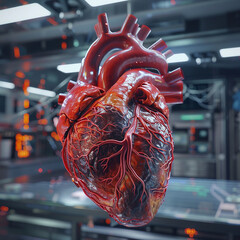 human heart anatomy, A detailed, red heart hovers against a futuristic, laboratory backdrop. This image is likely AI generated, intended to be submitted as stock content.