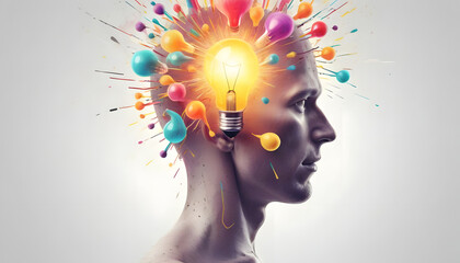 A man's brain is replaced with a glowing lightbulb, representing new ideas and innovation.