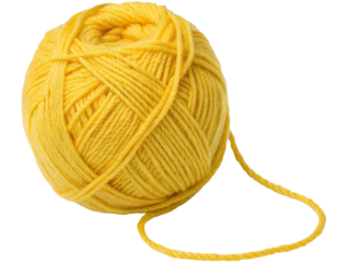 Close up shot of a single ball of yellow yarn with a strand extending out on a white background plain