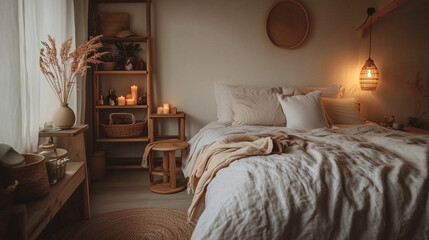 Cozy Scandinavian Style Bedroom with Wooden Accents and Warm Lighting 