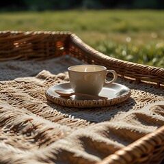 Tranquil Morning Coffee on a Picnic Blanket in Soft Sunlight
