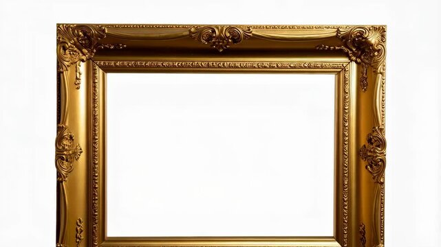Ornate golden picture frame with vintage flourishes on clean white background, an elegant container for art and creative projects