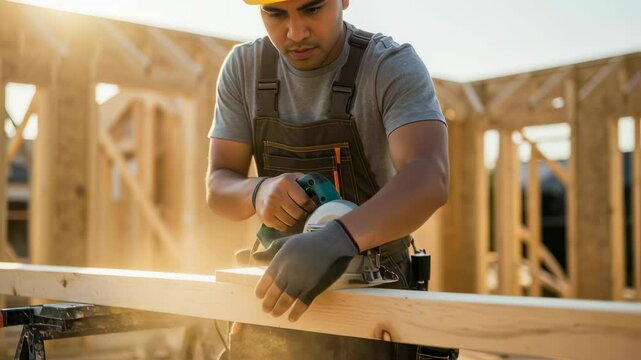 A skilled man, a carpenter, uses a powerful circular saw to precisely cut a wooden beam at a sunlit new home construction site, highlighting hard work and building progress footage.