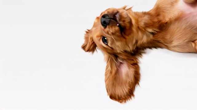 Pure youth crazy. English cocker spaniel young dog posing. Cute playful brawn pet playing and looking happy. AI animated video clip. Concept of pets care