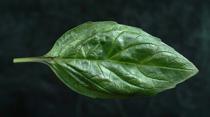 A single basil leaf with visible veins, resting on a dark background. Likely an illustrative submission to an AI content platform.