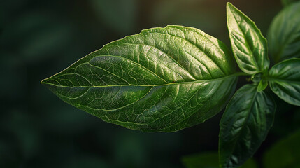 A macro photograph shows a fresh, green basil leaf with prominent veins, next to smaller leaves, suggesting it's part of a basil plant. The image could represent natural ingredients or fresh produce.