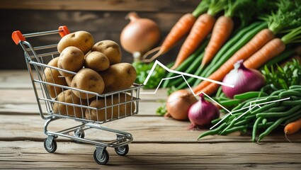 A small shopping cart filled with potatoes sits on a wooden table beside fresh vegetables. A downward trend line indicates rising inflation and increased food prices affecting consumers