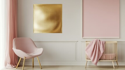 Gold poster on the wall in child's bedroom interior with armchair next to pink cradle with knit blanket illustration , no logos, no brands