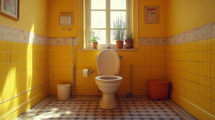 Sunny, yellow bathroom with vintage charm