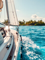 Obraz premium Sailing on a yacht towards a tropical paradise on a sunny day, enjoying the sea.
