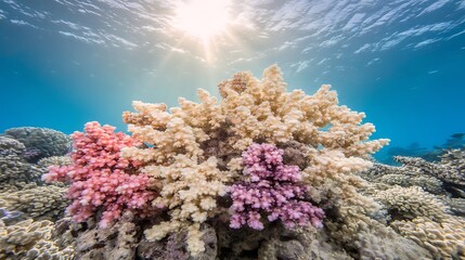 Sunlit colorful coral reef underwater scene