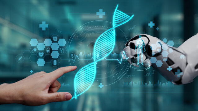Robot and human reaching hand and pointing finger with DNA holographic floating. Close up of robotic hand and human working together while pointing finger at blurred laboratory background. Salubrious.